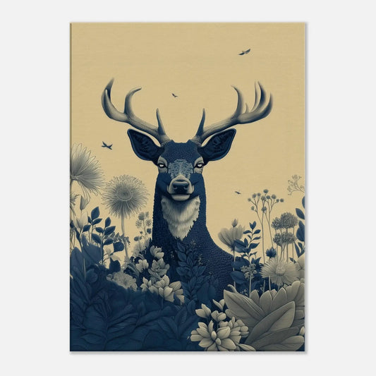Majestic Stag in Bloom minimalist nature canvas with Nordic design, featuring a stag among soft botanicals for elegant interiors.
