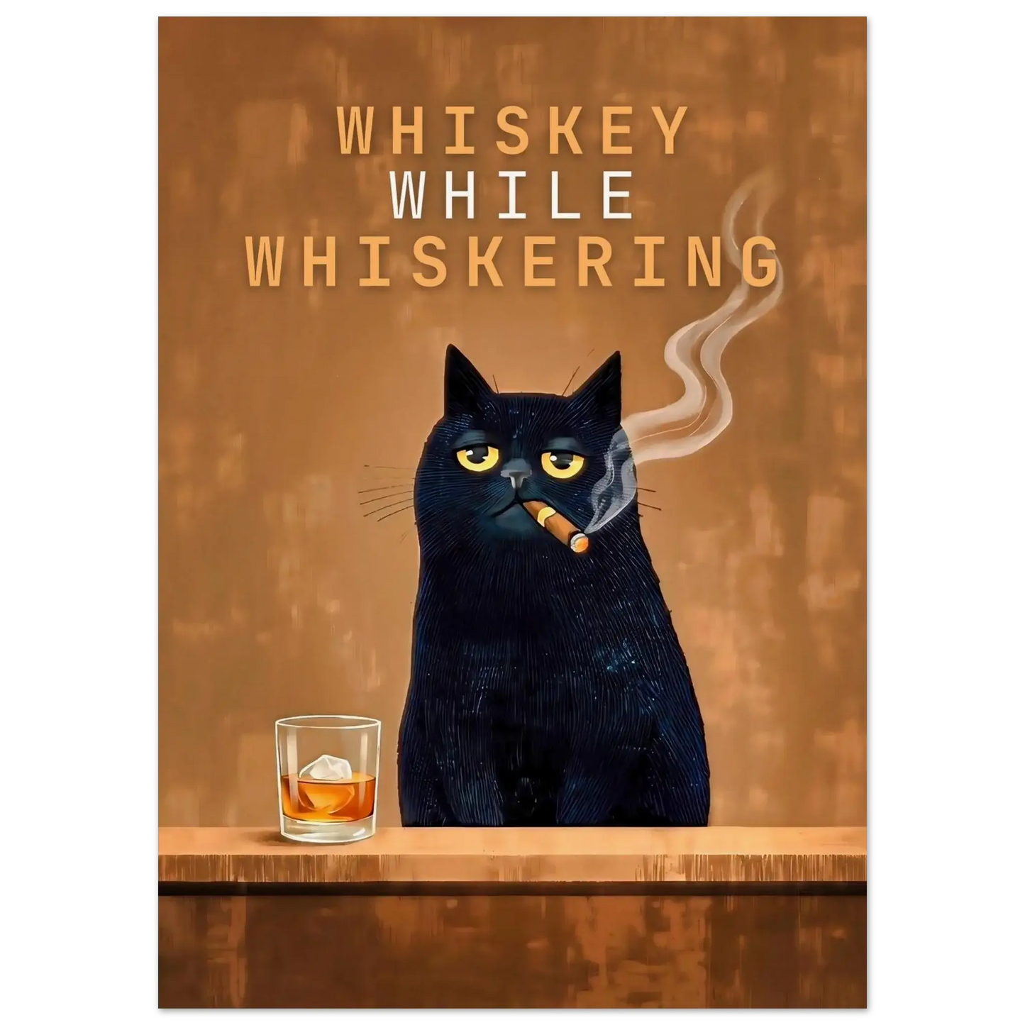 Vintage Cat Bar Poster with a whimsical black cat smoking and whiskey on the bar.