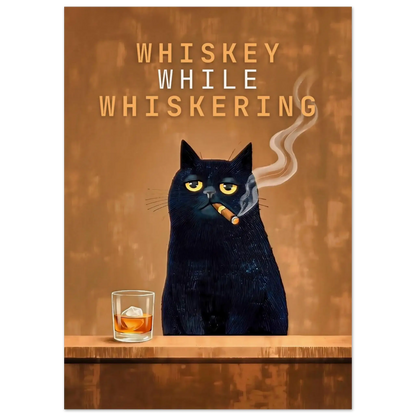 Vintage Cat Bar Poster with a whimsical black cat smoking and whiskey on the bar.