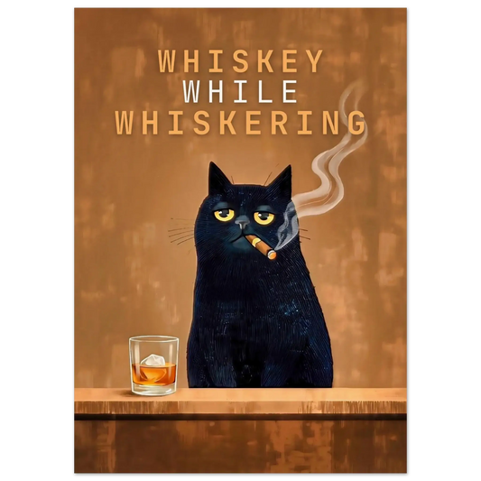 Vintage Cat Bar Poster with a whimsical black cat smoking and whiskey on the bar.