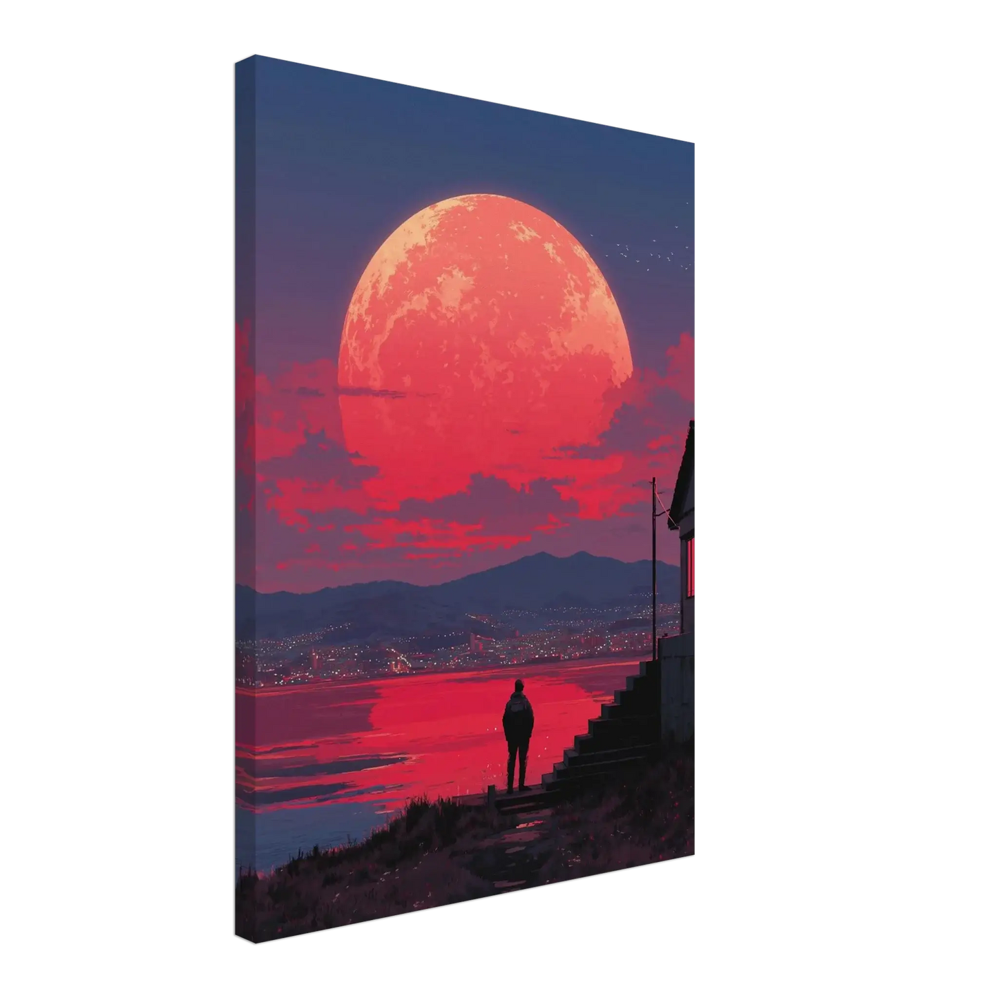 Crimson Moon Over the Sea – Surreal canvas art with oversized crimson moon rising over calm waters, evoking solitude and reflection.