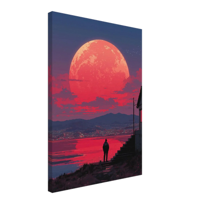 Crimson Moon Over the Sea – Surreal canvas art with oversized crimson moon rising over calm waters, evoking solitude and reflection.