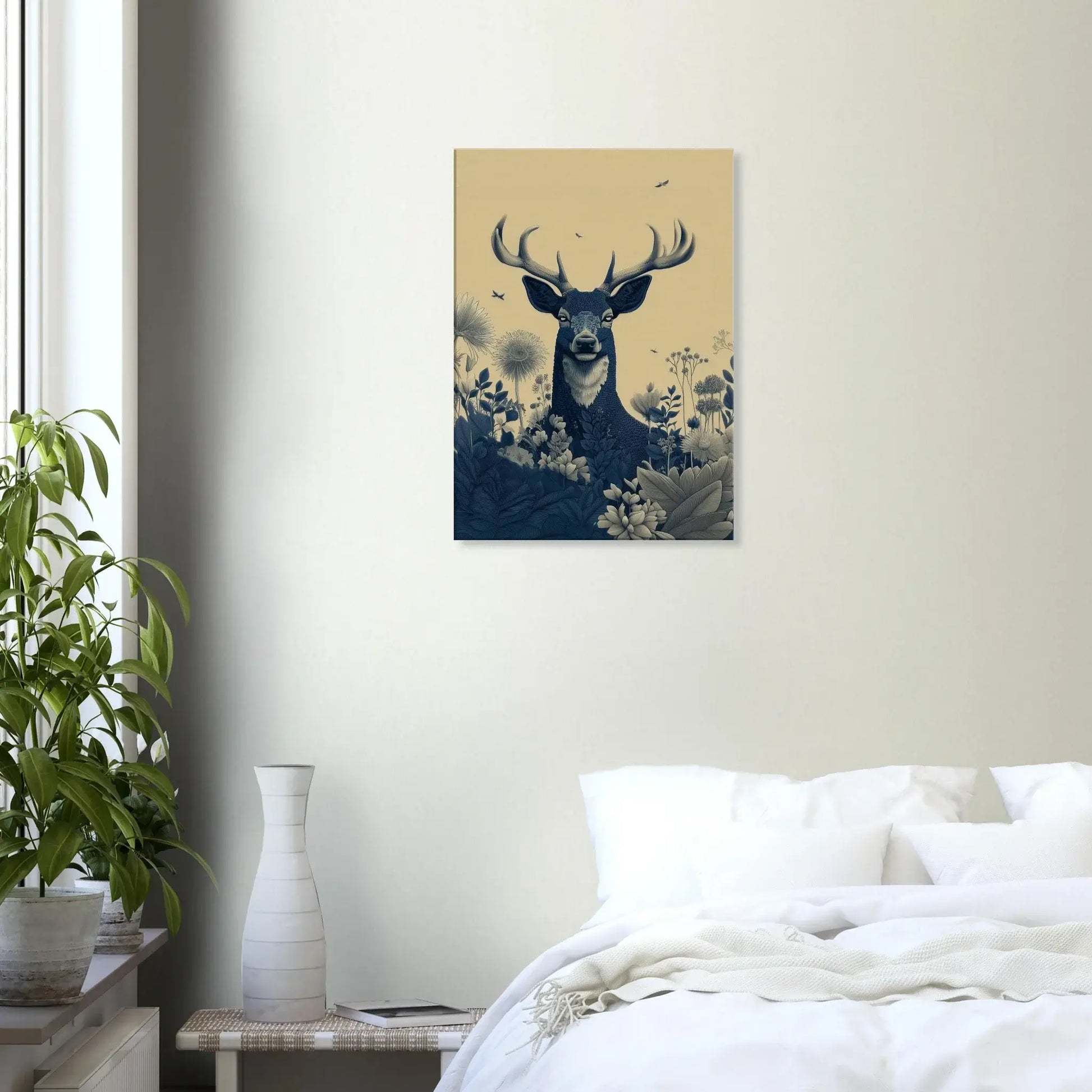 Majestic Stag in Bloom canvas wall art in serene bedroom setting