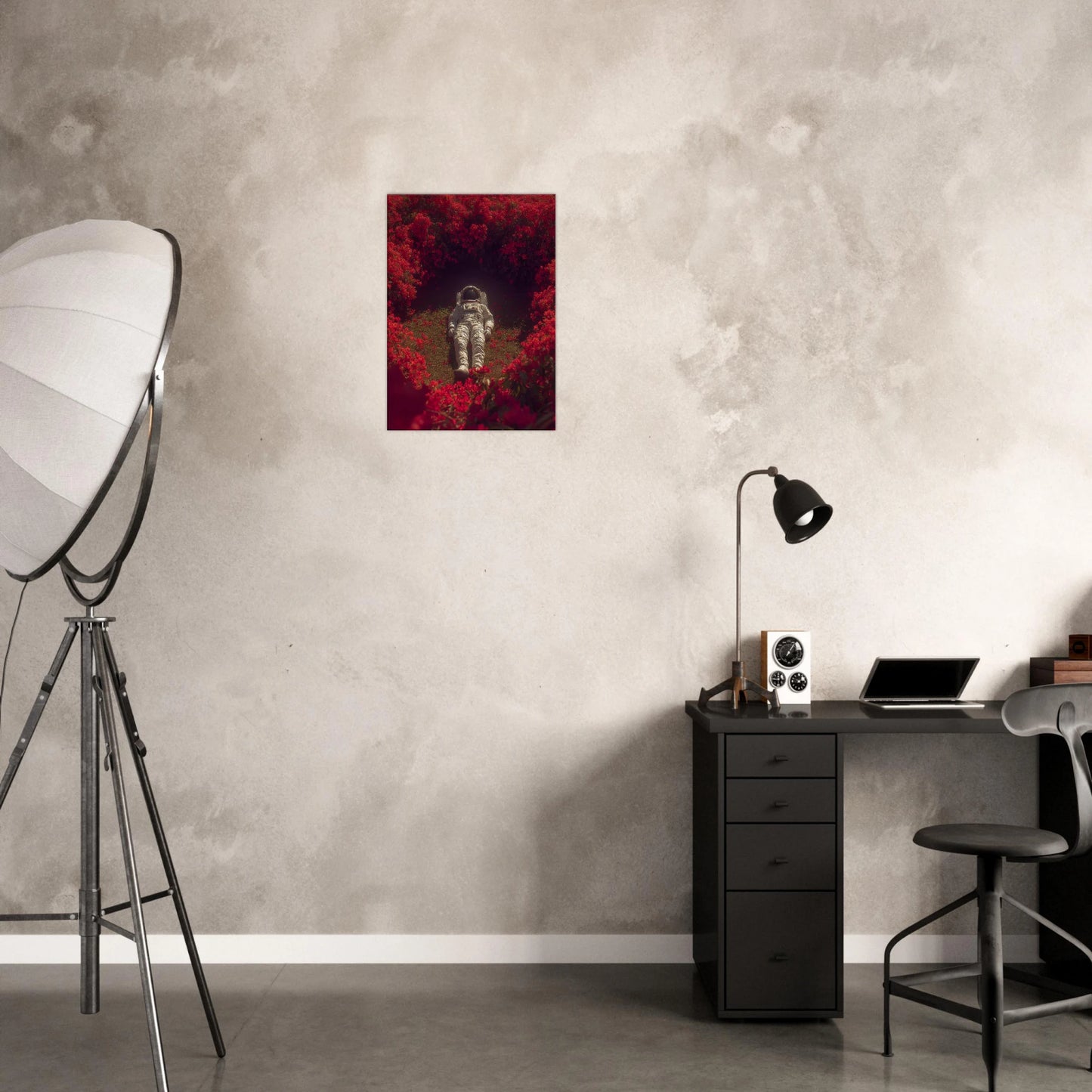 Surreal space art canvas featuring an astronaut in a crimson garden, ideal for modern wall decor and adding depth to interior design.