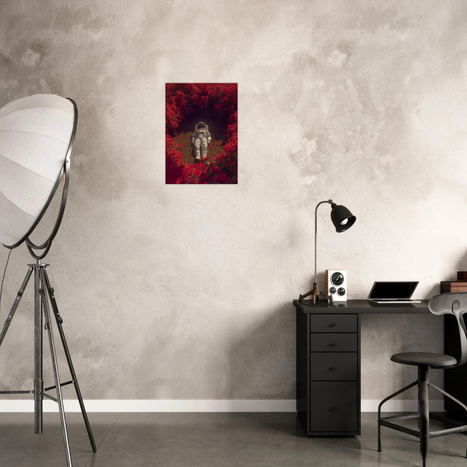Surreal space art canvas featuring an astronaut in a crimson garden, ideal for modern wall decor and adding depth to interior design.