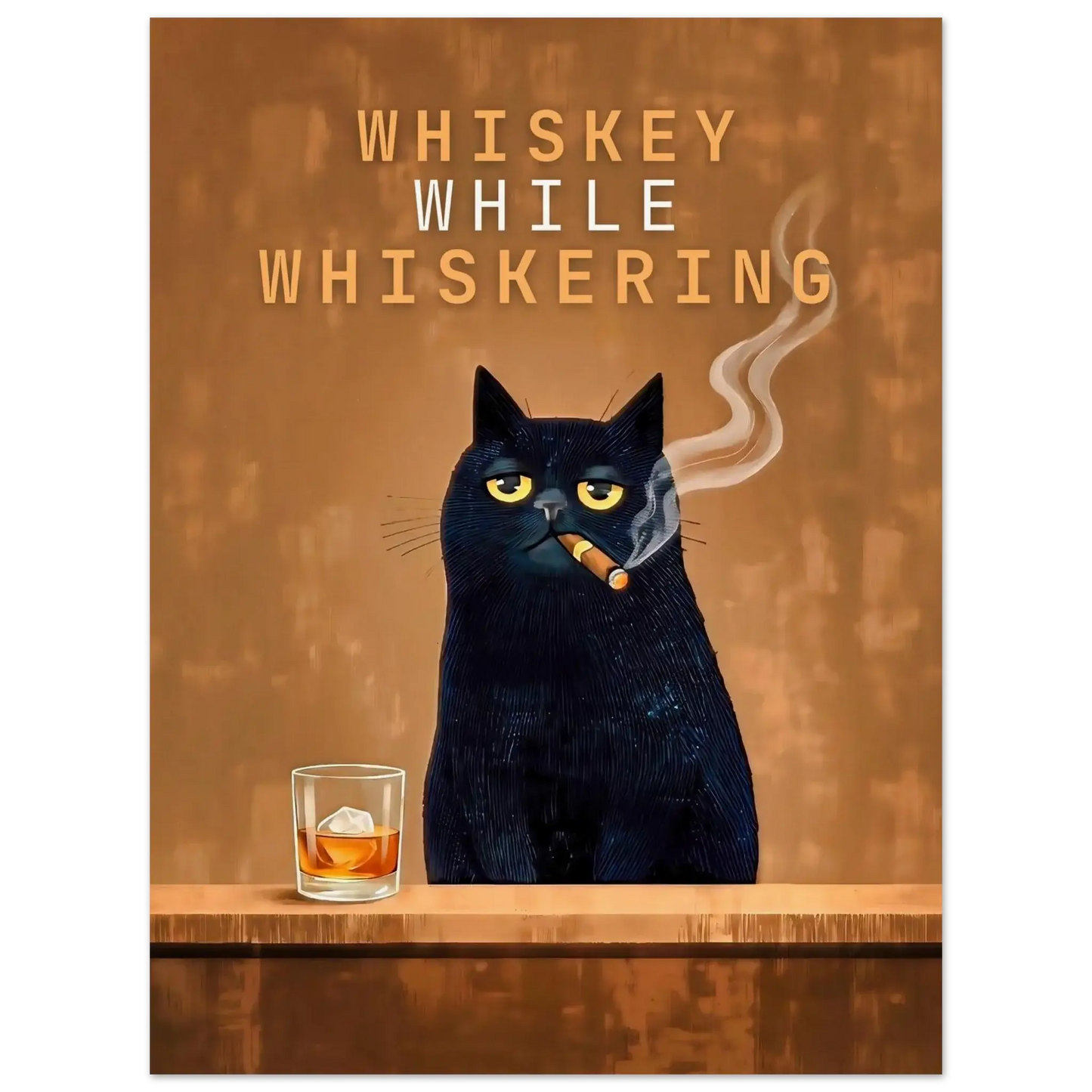 Vintage Cat Bar Poster featuring a black cat smoking a cigar with whiskey glass, titled 'Whiskey While Whiskering'
