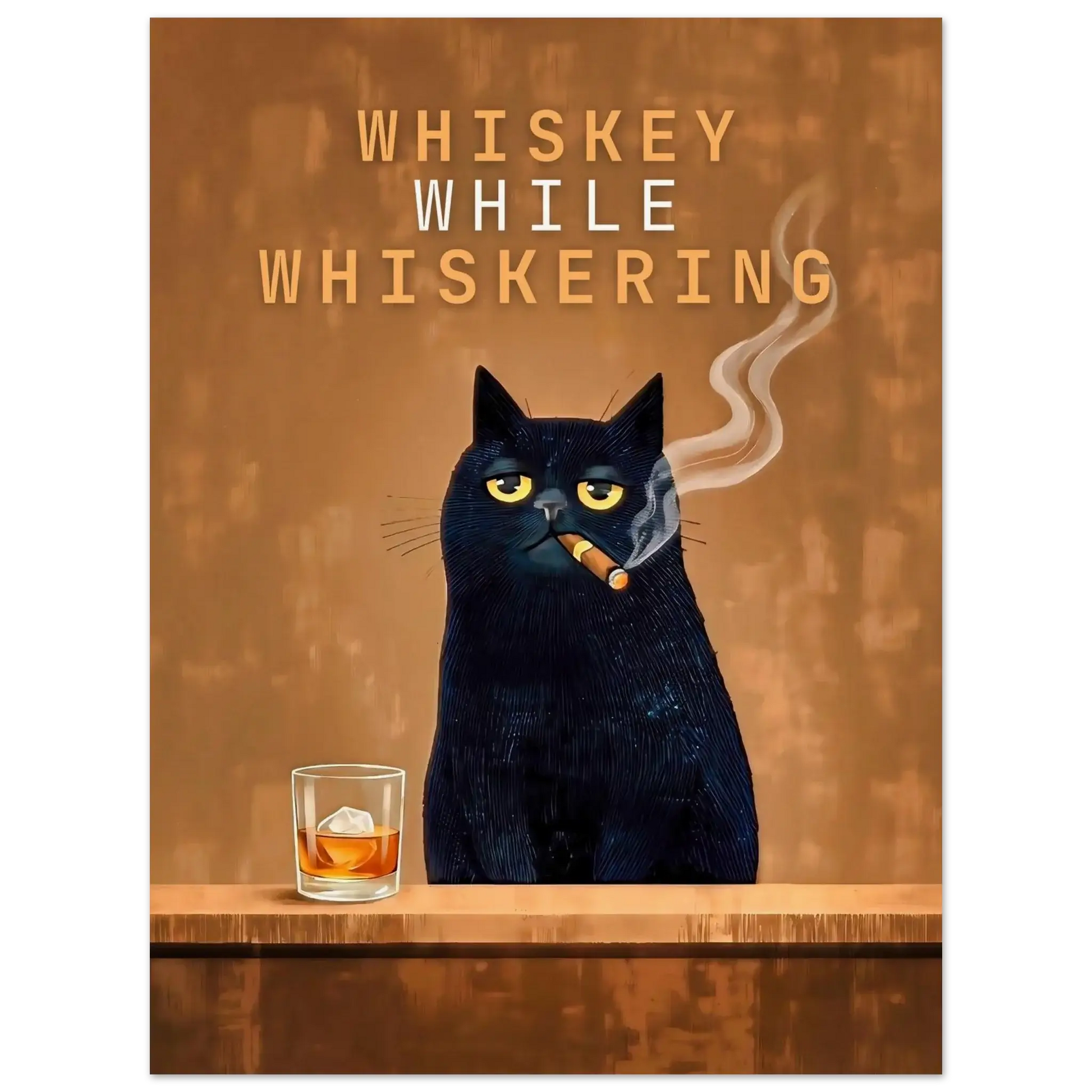 Vintage Cat Bar Poster featuring a black cat smoking a cigar with whiskey glass, titled 'Whiskey While Whiskering'