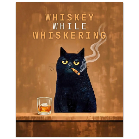 Vintage Cat Bar Poster featuring a black cat with a cigar and whiskey, titled 'Whiskey While Whiskering'.