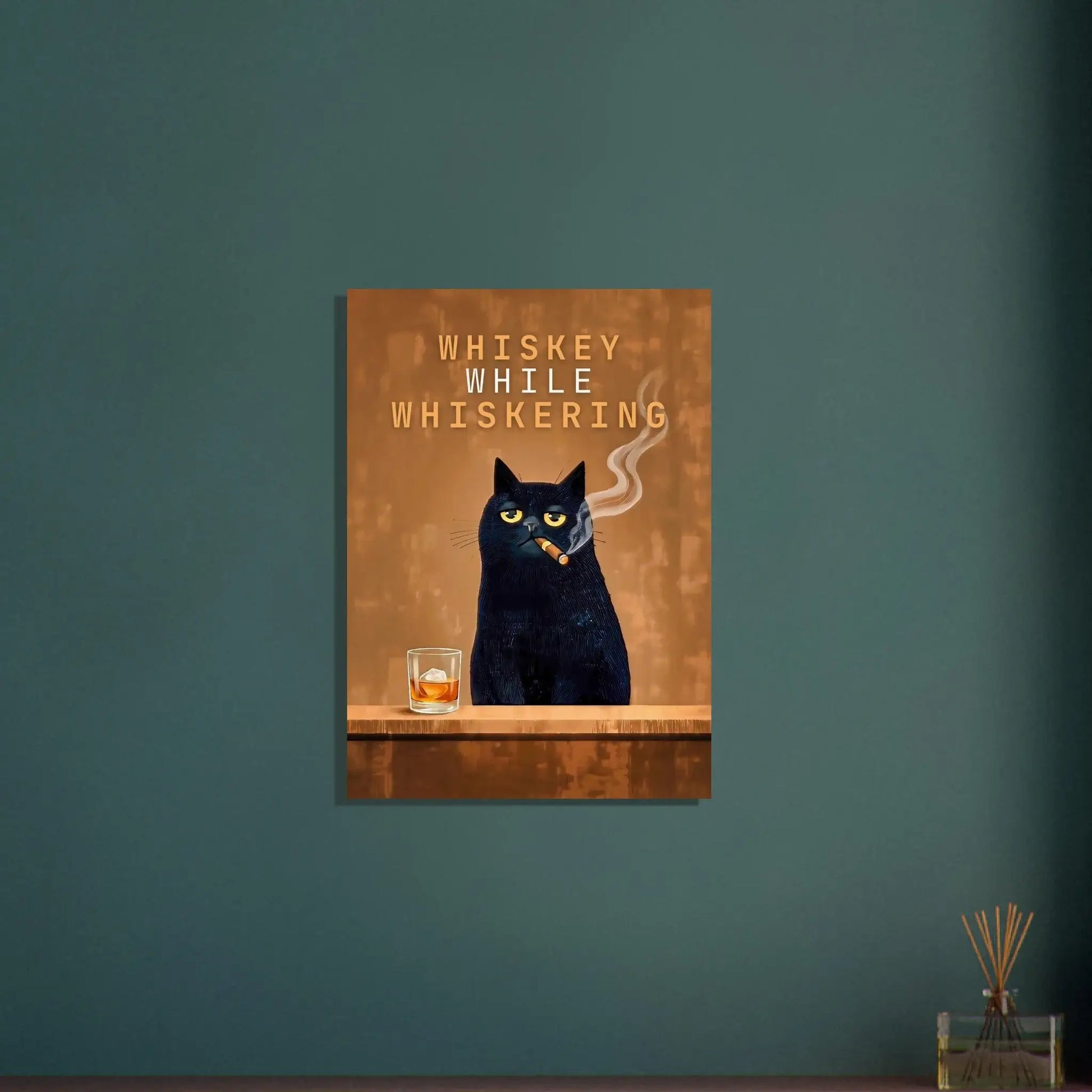 Vintage Cat Bar Poster - Whiskey While Whiskering on stylish wall, featuring a cat with a cigar and whiskey glass, perfect for home bar decor.