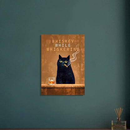 Vintage Cat Bar Poster - Whiskey While Whiskering on stylish wall, featuring a cat with a cigar and whiskey glass, perfect for home bar decor.
