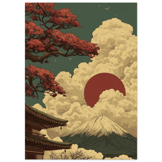 Japanese zen Landscape Poster featuring Mount Fuji, rising sun, and clouds for serene wall art decor.