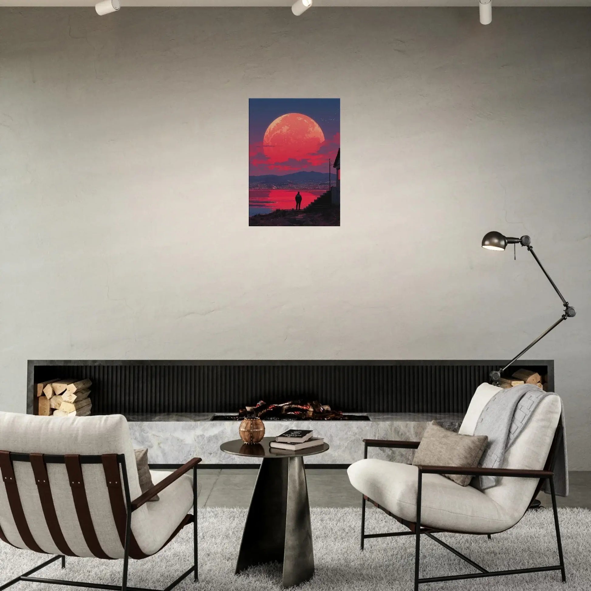 Crimson Moon Over the Sea canvas art displayed in a modern living room setting