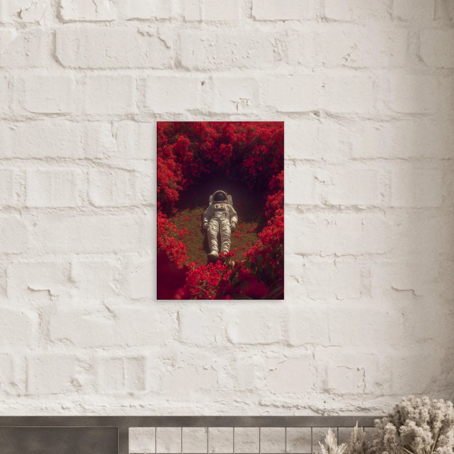 Surreal space art canvas of an astronaut resting in a crimson garden, blending humanity and nature in a modern wall decor.