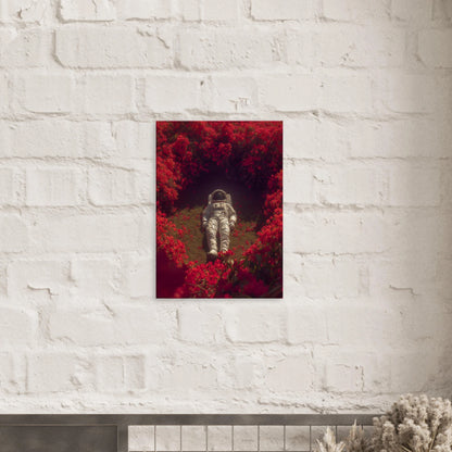 Surreal space art canvas of an astronaut resting in a crimson garden, blending humanity and nature in a modern wall decor.