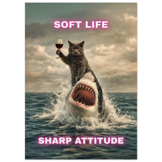 Funny Cat & Shark Poster featuring a cat riding a shark with a wine glass, text 'Soft Life Sharp Attitude', humorous wall art.