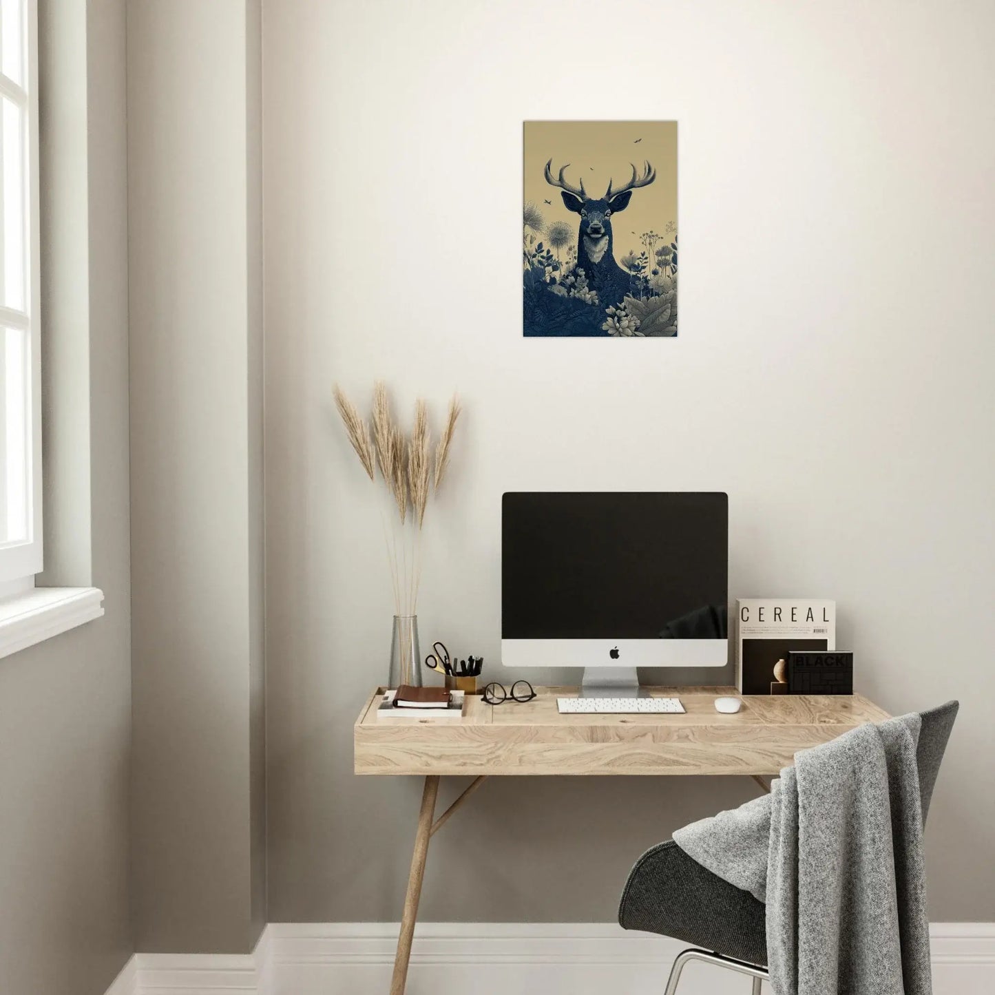Majestic Stag in Bloom canvas wall art hanging in modern home office
