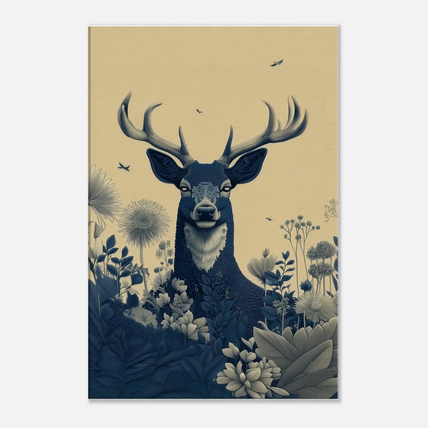 Majestic Stag in Bloom - Minimal nature canvas wall art featuring a stag among botanical elements, ideal for tranquil interiors.