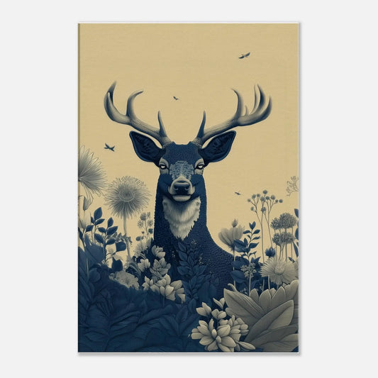 Majestic Stag in Bloom - Minimal nature canvas wall art featuring a stag among botanical elements, ideal for tranquil interiors.
