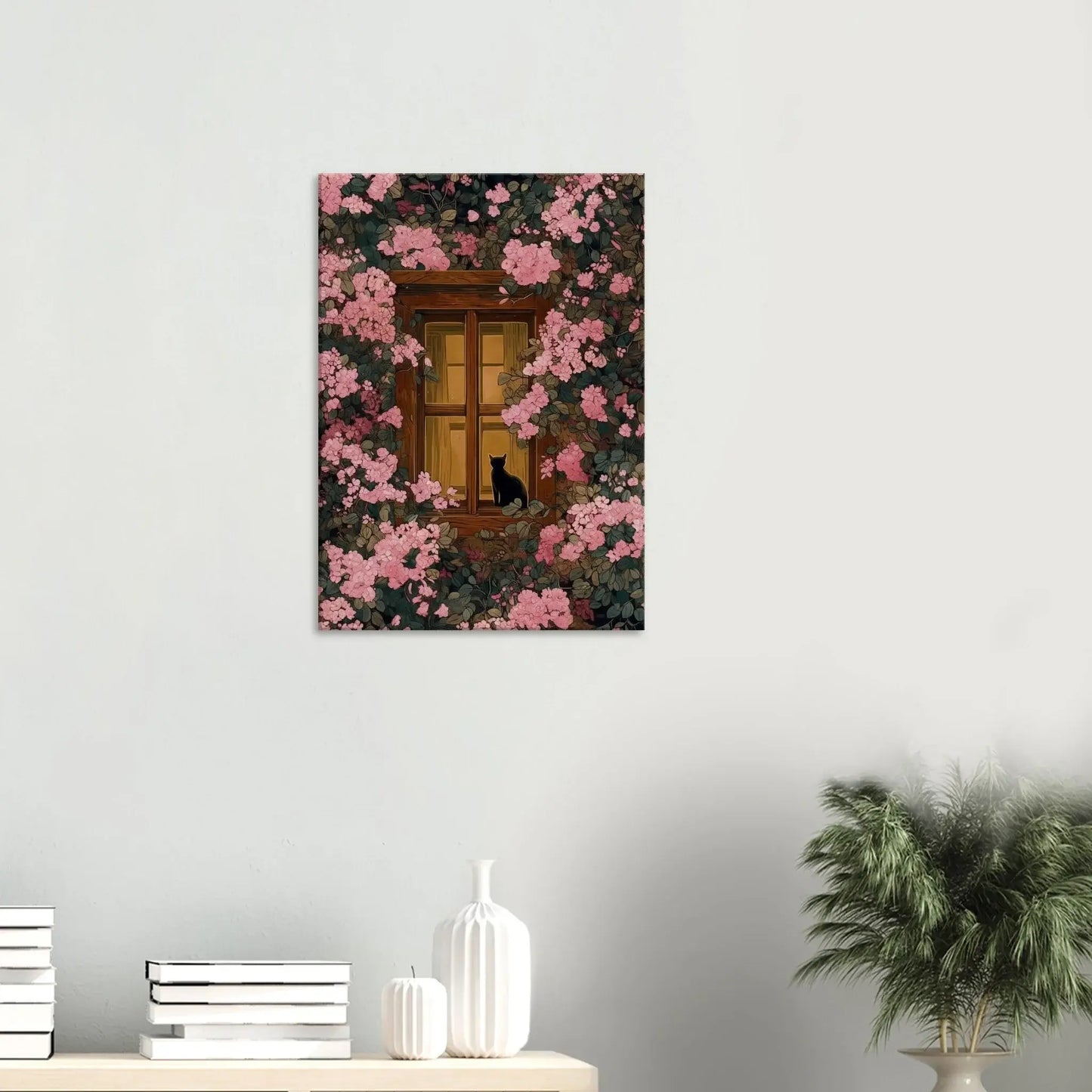 Pink Blossom Window Cat Canvas featuring a black cat by a window surrounded by lush pink flowers, perfect cozy floral wall art.