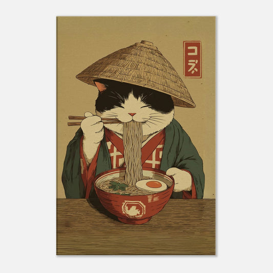 Ramen Cat Canvas featuring a serene cat in traditional attire enjoying noodles, capturing a Japanese aesthetic ideal for cozy spaces.