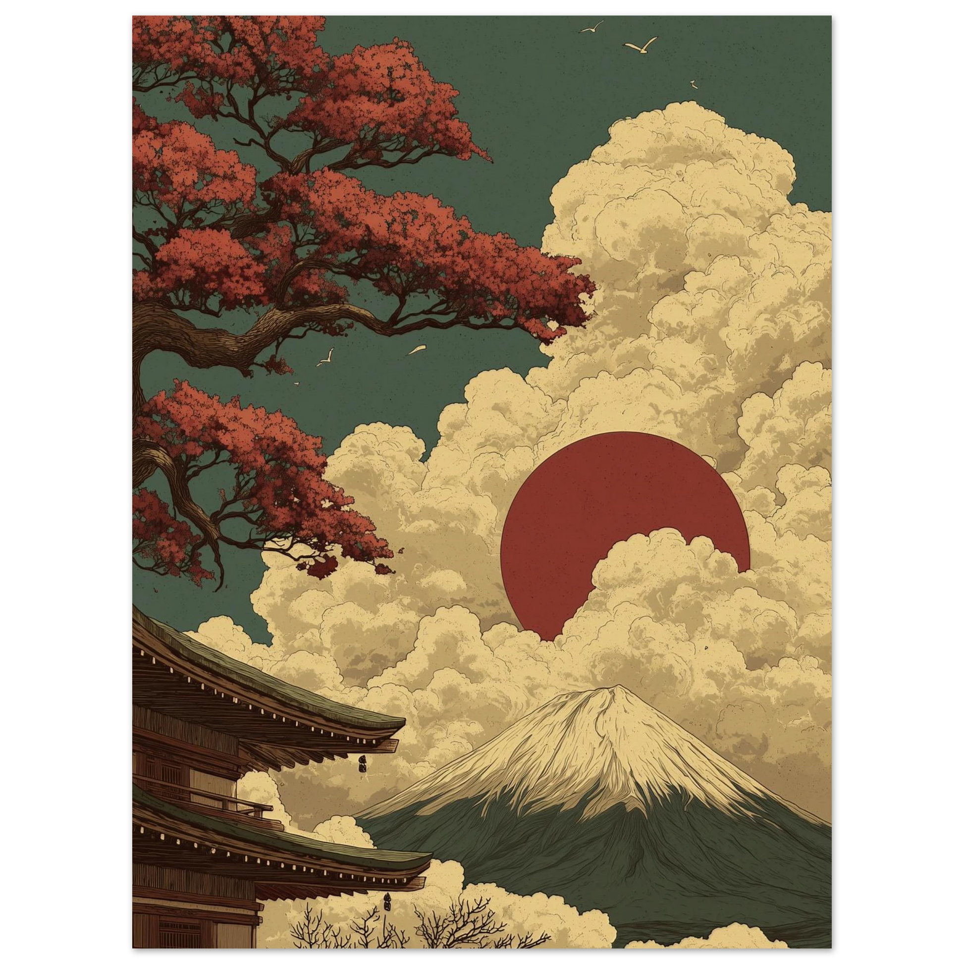 Japanese zen Landscape Poster with Mount Fuji and rising sun, ideal for peaceful decor.