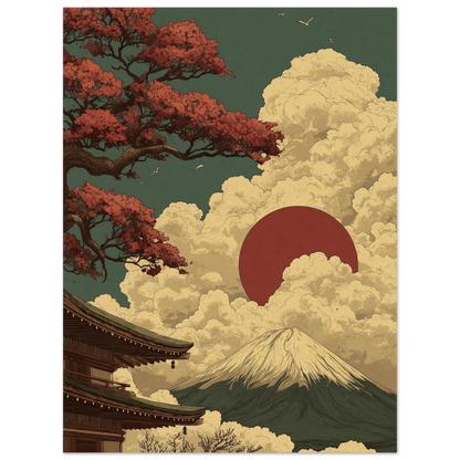 Japanese zen Landscape Poster with Mount Fuji and rising sun, ideal for peaceful decor.