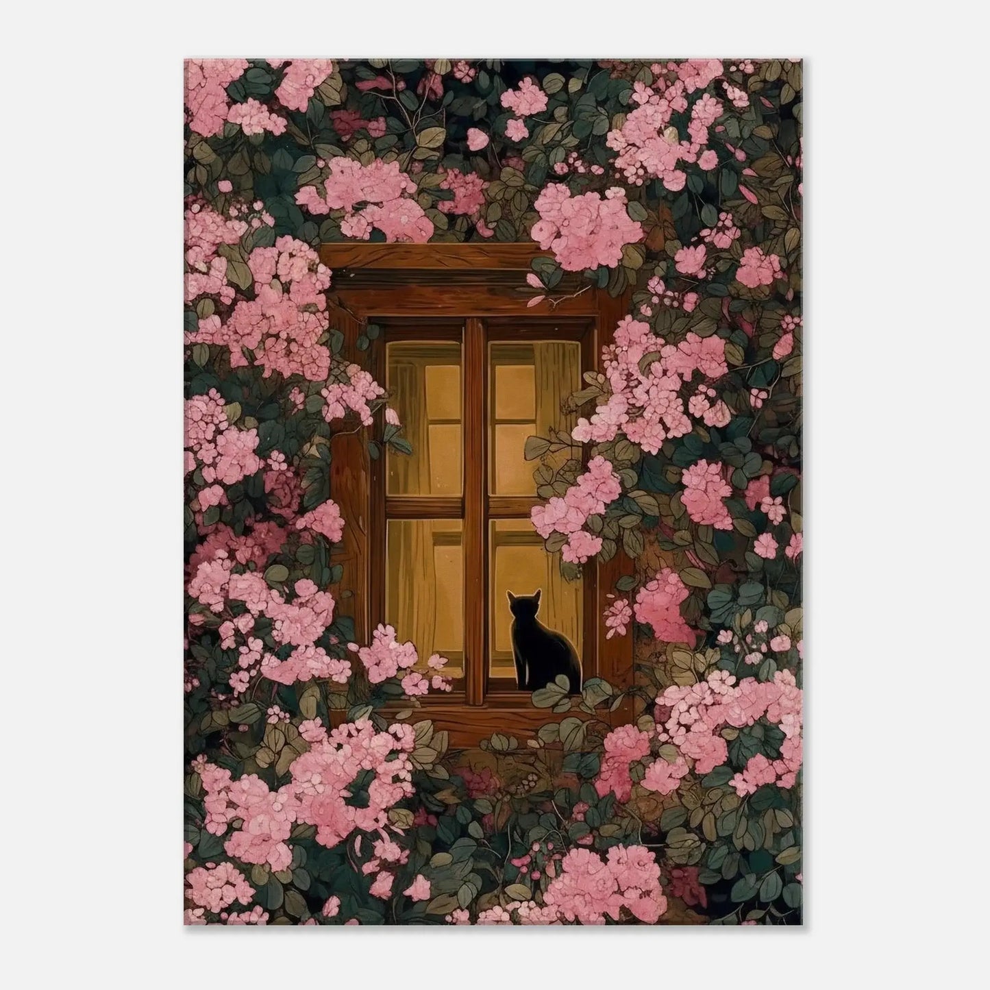 Pink Blossom Window Cat Canvas featuring a black cat by a window surrounded by lush pink blossoms for cozy floral wall art.