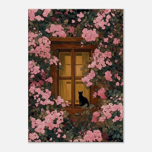 Pink Blossom Window Cat Canvas featuring a black cat by a window surrounded by lush pink blossoms for cozy floral wall art.