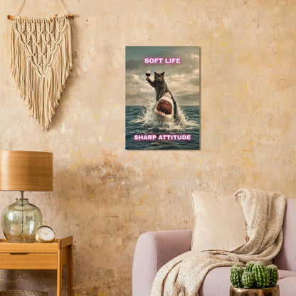 Funny Cat & Shark Poster - Cat riding shark with wine, soft life, sharp attitude, bold wall decor.